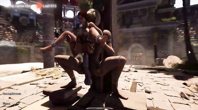 A crowd of strangers watch as Lara Croft's ass gets destroyed by a giant statue penis. BDSM outfit. 3D Hentai Game