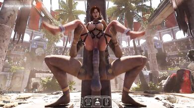 A crowd of strangers watch as Lara Croft's ass gets destroyed by a giant statue penis. BDSM outfit. 3D Hentai Game