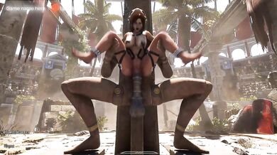 A crowd of strangers watch as Lara Croft's ass gets destroyed by a giant statue penis. BDSM outfit. 3D Hentai Game