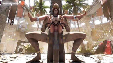 A crowd of strangers watch as Lara Croft's ass gets destroyed by a giant statue penis. BDSM outfit. 3D Hentai Game