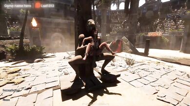 A crowd of strangers watch as Lara Croft's ass gets destroyed by a giant statue penis. BDSM outfit. 3D Hentai Game