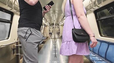 Husband's Dirty Fantasy! Stranger Guy touch my wife with his erection on the subway while I'm watching