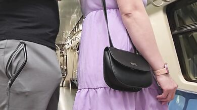 Husband's Dirty Fantasy! Stranger Guy touch my wife with his erection on the subway while I'm watching