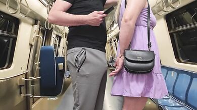 Husband's Dirty Fantasy! Stranger Guy touch my wife with his erection on the subway while I'm watching