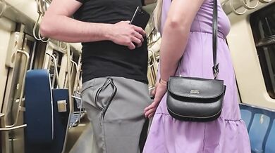 Husband's Dirty Fantasy! Stranger Guy touch my wife with his erection on the subway while I'm watching
