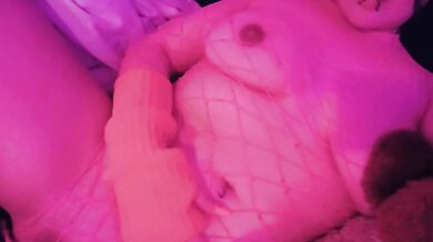 Stranger Remote Controls Her Vibrator Toy While She Masturbates in Pink Fishnet Bodysuit