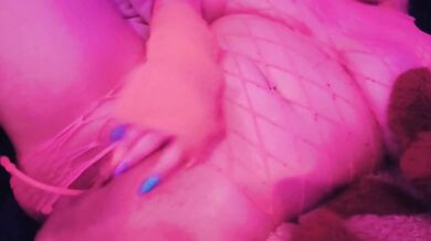 Stranger Remote Controls Her Vibrator Toy While She Masturbates in Pink Fishnet Bodysuit