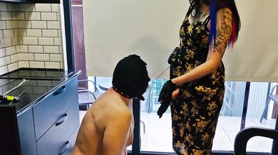 Spitting and slapping for a sex slave practicing deep throat. Dominatrix Nika fucks her slave's face.