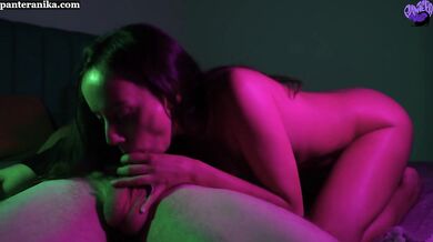 Horny petite brunette sucks dick in neon light - Pantera Nika