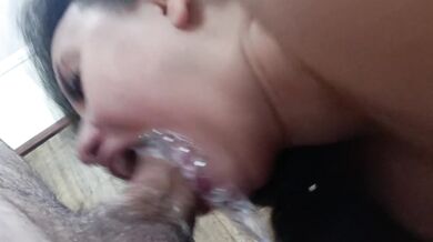 spits so hard, cum drips in black spaghetti