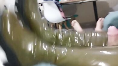 POV version: redhead Milking the slave cock with her shiny latex combat boots & new pink latex gloves