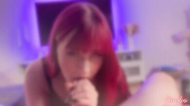 Natural Tits Redhead Gives Blowjob In Her New See Through Body For A Big Cumload On Face And Chest