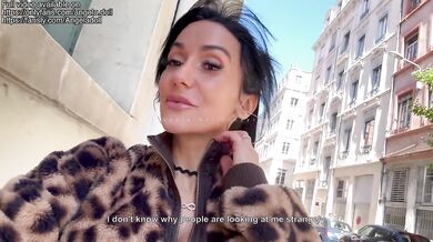 She jerk off a stranger with her pussy and makes him cum in her panties before walking in the street full of cum