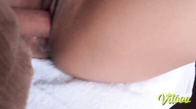 Skinny girl with a natural body - fucking in bed with a big cock
