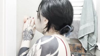 Tattooed girl solo dildo blowjob