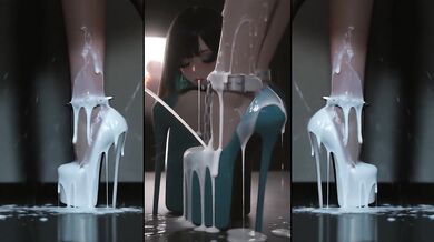 Anime in Ultra High Heels lets her legs, feet and shoes get sprayed with cum