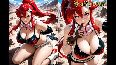 Yoko Littner in steamy seduction on a red couch