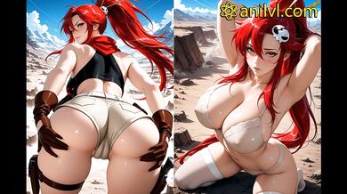 Yoko Littner in steamy seduction on a red couch
