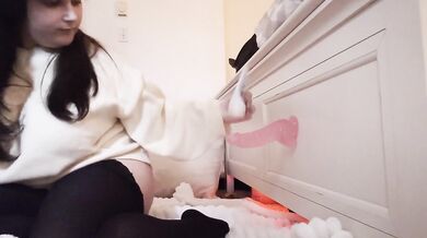 submissive girl uses her cute pink toys