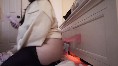 submissive girl uses her cute pink toys