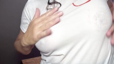 My t-shirt gets wet and my juicy nipples are showing.