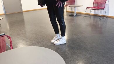 Horny Student in Leather pants Flashing Pussy and Fucking at University