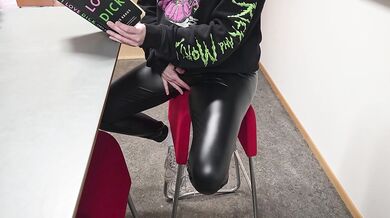 Horny Student in Leather pants Flashing Pussy and Fucking at University