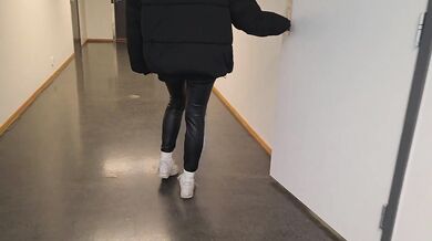 Horny Student in Leather pants Flashing Pussy and Fucking at University