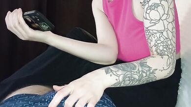 A modest stepdaughter watches a movie and at the same time jerks her stepfather's