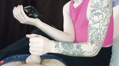 A modest stepdaughter watches a movie and at the same time jerks her stepfather's