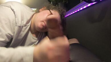 White chubby nerdy girl sucks mixed cock and licks his cum