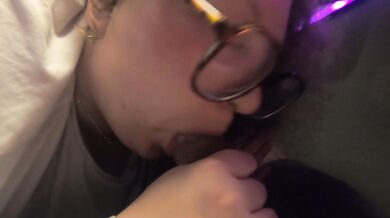 White chubby nerdy girl sucks mixed cock and licks his cum