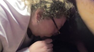 White chubby nerdy girl sucks mixed cock and licks his cum