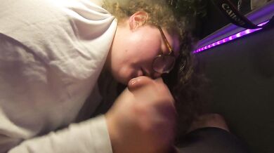 White chubby nerdy girl sucks mixed cock and licks his cum