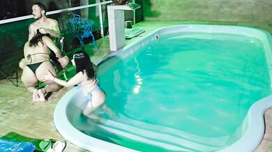 Caught! by two brunettes masturbating in the condominium's public pool