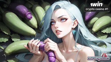 Blue-haired breezy gargles cucumber while getting penetrated hardcore.