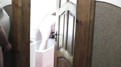 Naked woman MILF takes shower Old neighbor watches, jerk off cock orgasm cum and cumshot. Dick masturbation Handjob Sex Porn Homemade Big natural tits