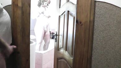 Naked woman MILF takes shower Old neighbor watches, jerk off cock orgasm cum and cumshot. Dick masturbation Handjob Sex Porn Homemade Big natural tits
