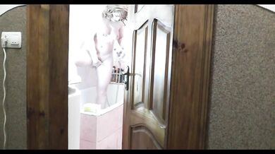 Naked woman MILF takes shower Old neighbor watches, jerk off cock orgasm cum and cumshot. Dick masturbation Handjob Sex Porn Homemade Big natural tits
