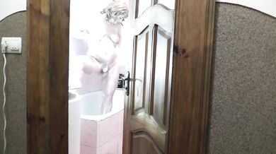 Naked woman MILF takes shower Old neighbor watches, jerk off cock orgasm cum and cumshot. Dick masturbation Handjob Sex Porn Homemade Big natural tits