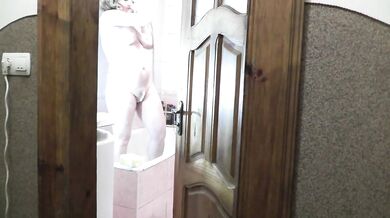 Naked woman MILF takes shower Old neighbor watches, jerk off cock orgasm cum and cumshot. Dick masturbation Handjob Sex Porn Homemade Big natural tits