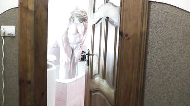 Naked woman MILF takes shower Old neighbor watches, jerk off cock orgasm cum and cumshot. Dick masturbation Handjob Sex Porn Homemade Big natural tits
