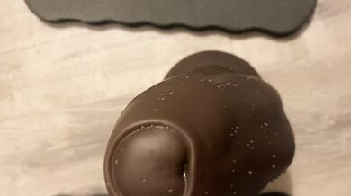 Down on my knees prepping this big ol boy with some lube, the egg deep inside of me, my pussy throbbing because I’ve been stretching myself and now I