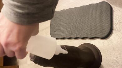 Down on my knees prepping this big ol boy with some lube, the egg deep inside of me, my pussy throbbing because I’ve been stretching myself and now I