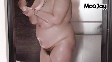 Showering BBW with big tits and hairy pussy