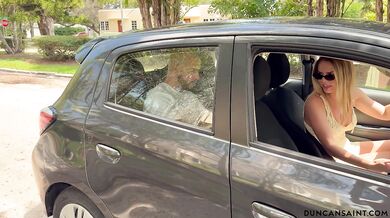 Crazy blonde MILF driver picks me up and inhales my balls in the car