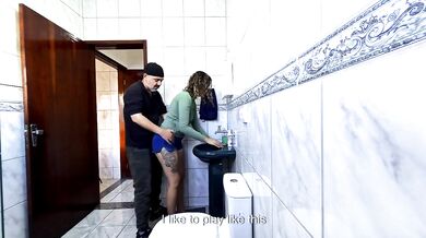 Step-niece alone in the bathroom and rubbing himself dryhump against her.