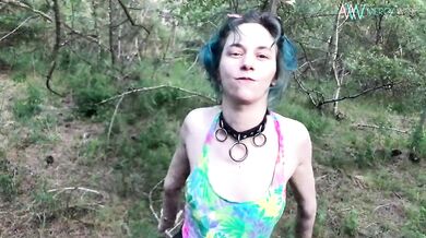 Babe in woods flashes her tits!