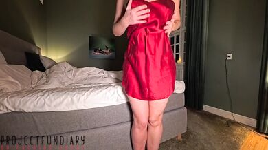 blond all natural lady in red silk dress fucked and filled with cum