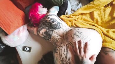 Tattooed Goth Slut takes it from behind and gets her face covered in cum